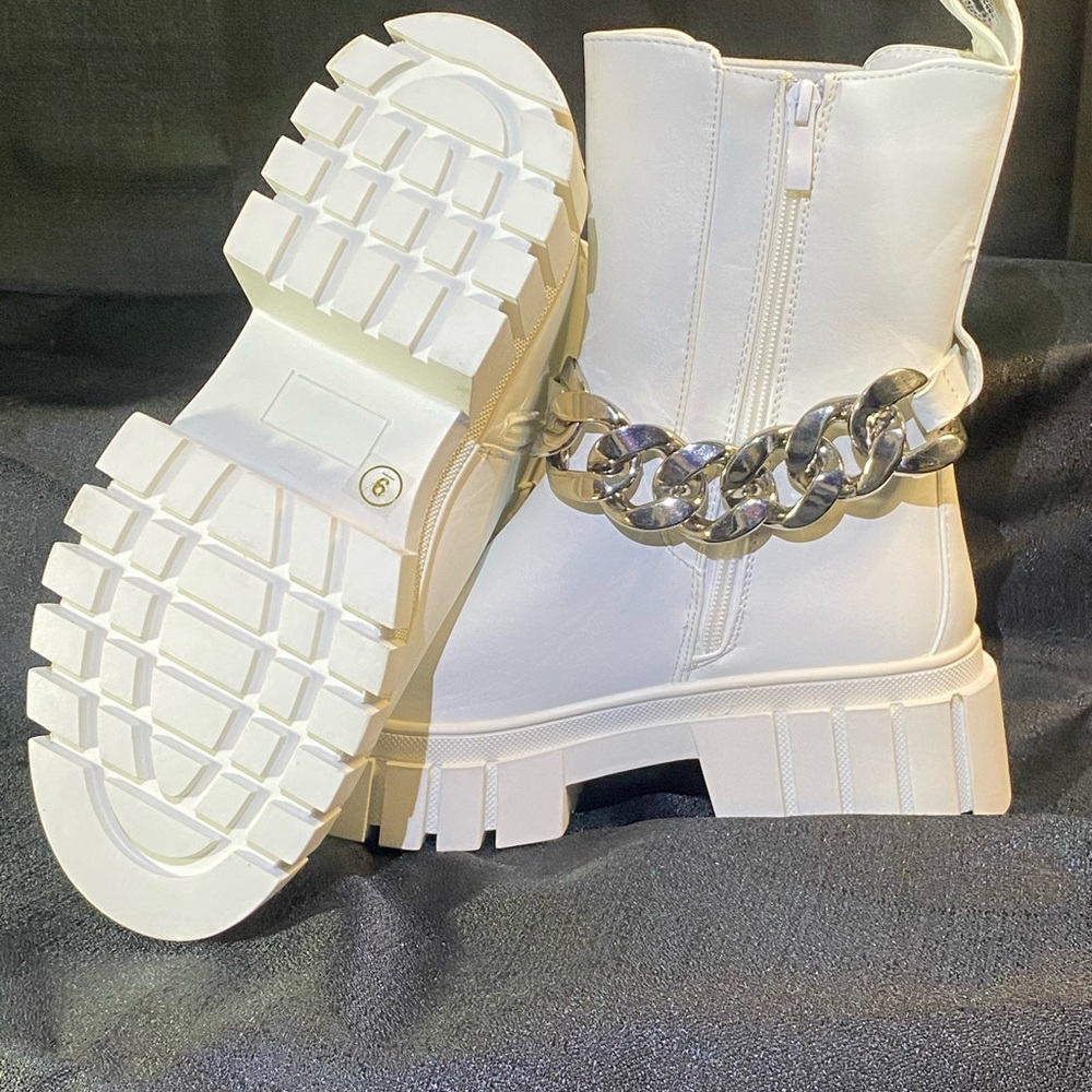 White Chunky Chain Ankle Boots - Picture 4 of 7